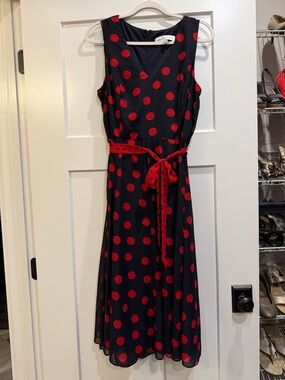 Emma & Michele Black Midi Dress with Red Polka Dots and Red Tie Size 10